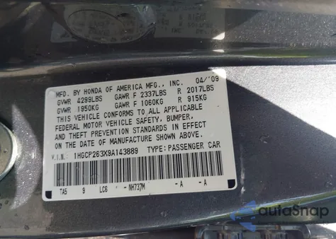 2009 Honda Accord Lx из США, поврежденный, VIN 1HGCP263X9A143889